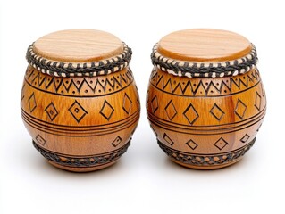 Pair of intricately carved wooden drums on white background. Drums are light brown with dark brown geometric designs. Ethnically inspired percussion instruments.