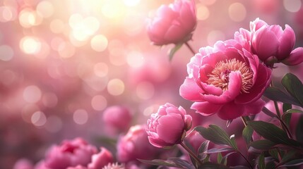 Obraz premium Romantic pink and burgundy peony blossoms, gently cascading along the edges, with soft bokeh light effects for an ethereal look.