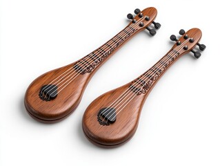 Two miniature wooden lutes, brown with black strings, are displayed against a white background. They are positioned side by side, showcasing their intricate details.