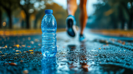 Runner on a track passing by a water bottle with autumn leaves scattered on the ground during late afternoon