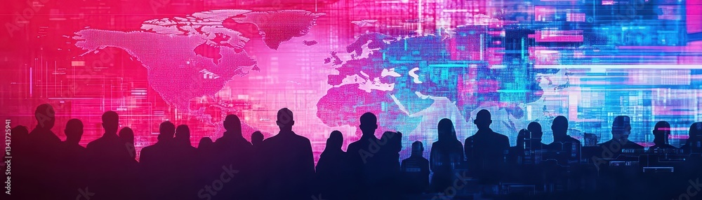 Poster silhouettes of diverse people against a large world map symbolizing global connection and unity in a