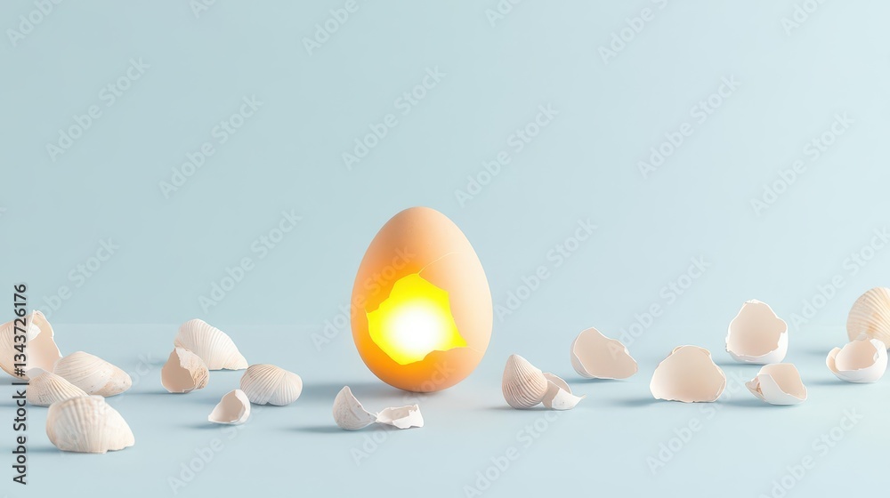 Poster a softly glowing light bulb nestled among colorful shells creating a unique contrast between technol