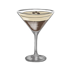 Espresso Martini cocktail in a classic martini glass with coffee bean garnish. Hand-drawn vintage illustration