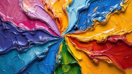 Dynamic abstract spiral with dripping paint streaks in bold primary colors, resembling an energetic explosion of creativity.