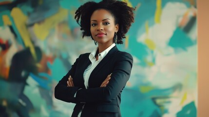 A powerful portrait of a woman leader standing confidently in a corporate setting.