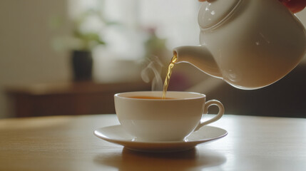 Elegant white teapot pouring steaming tea into a blurred cup on a wooden table in a cozy afternoon setting