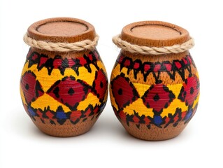 Pair of small, hand painted wooden pots with intricate geometric patterns in red, yellow, and blue, tied with rope, on a white background.