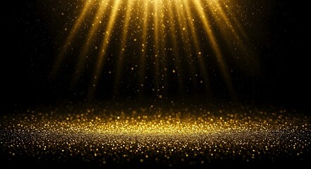 Abstract digital art, a black background with golden glitter particles scattered across the bottom and top
