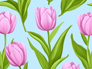 Light pastel pink tulips and green leaves on a light blue background. Seamless pattern of spring flowers.