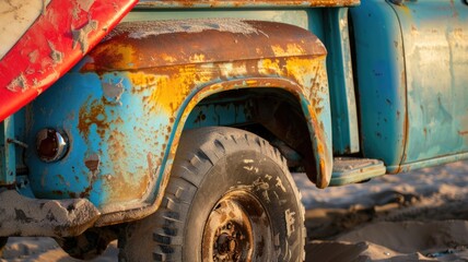 Rustic vintage truck with surfboard at beach sunset
