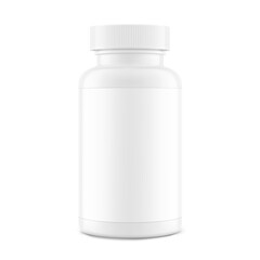 Plastic packer pill bottle mockup with child resistant cap and label for treats, vitamins, supplements. Vector illustration isolated on white background. Mockup is ideal for health projects. EPS10.