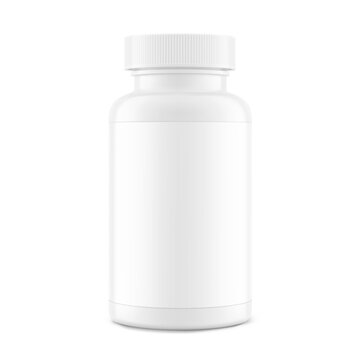 Plastic packer pill bottle mockup with child resistant cap and label for treats, vitamins, supplements. Vector illustration isolated on white background. Mockup is ideal for health projects. EPS10.