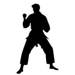 silhouette of a martial artist in a fighting stance, wearing a traditional karate gi. This black vector illustration represents discipline, strength, focus, and self-defense
