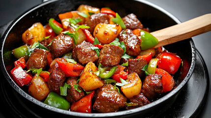 Sizzling beef stir-fry with colorful vegetables kitchen food photography indoor setting close-up view culinary art