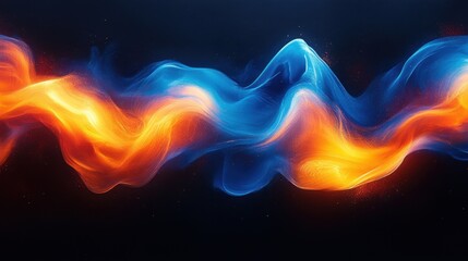 Obraz premium Bright cerulean blue and fiery sunset orange luminous ribbons with a dreamy vapor-like shimmer on a deep black canvas.