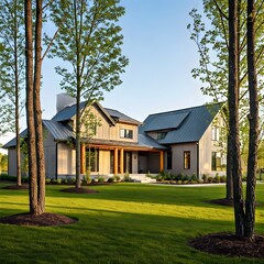 Obraz premium A contemporary house with a flat roof and large windows, set against a sprawling lawn with carefully sculpted hedges, bushes, and a water feature, AI Generated