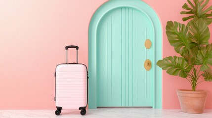 Pink suitcase stands before a teal arched door, next to a potted plant against a pink wall. Minimalist travel scene.