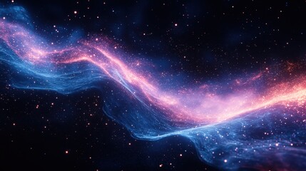 Deep cobalt blue and neon pink luminous waves with an otherworldly glow and scattered cosmic dust particles on a void-black background.