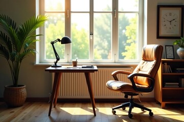 Empty chair at desk facing window, sunlit room , remote, window view, workspace
