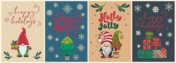 Set of Christmas new year winter holiday greeting cards with xmas decoration, tree, gnomes, gift boxes, snowflakes, calligraphy text. Trendy hand drawn Vector colorful illustrations.	