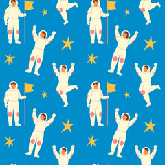 Cute astronauts in spacesuit seamless pattern