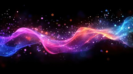 Neon cyan and magenta energy waves with subtle metallic reflections and a prismatic rainbow bokeh effect on a deep space-black canvas.