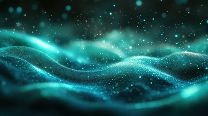 Gentle emerald green light swirls with electric blue highlights and a misty bokeh effect on a charcoal gray background, luminescent energy.