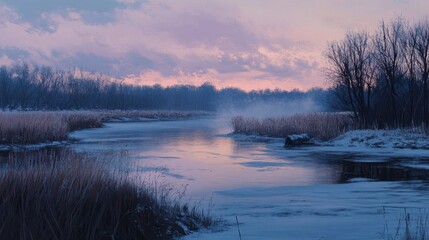 Fototapeta premium Serene Frozen River Landscape at Sunset with Mist and Trees
