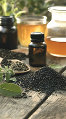 Vertical composition of tea leaves, amber glass bottles of essential oil, and brewed herbal tea in glass containers on rustic wooden surface, capturing natural wellness and herbal remedy preparation