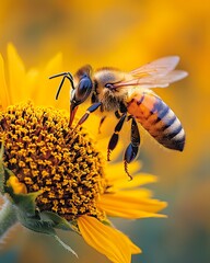 A honeybee approaches a vibrant sunflower in mid flight