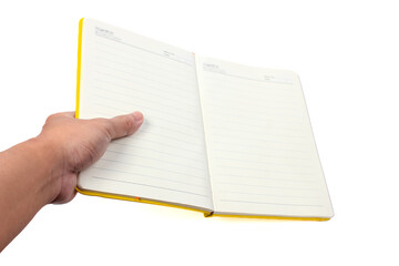 man's hand lifting open notebook on white background