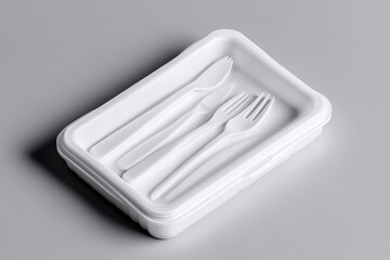 Disposable white plastic cutlery in a food tray