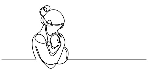 Mother and baby in continuous one line drawing. Mothers day celebration concept in single line art illustration. Editable vector, mother and baby image on Mather day Mather and his two children of pro