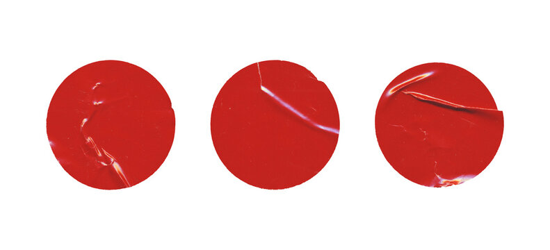 Set of three red glossy paper circles with creases, blank round sticker on transparent background