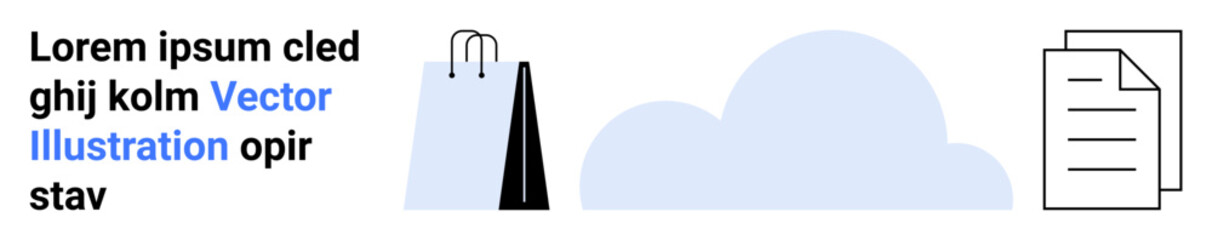 Shopping bags, blue cloud, and document icons symbolize e-commerce, cloud storage, and digital organization. Ideal for online retail, cloud technology, file management, data storage modern business