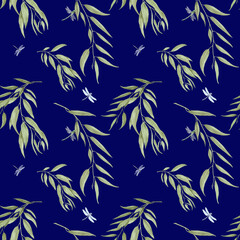 A spring branch with green leaves and dragonflies with transparent wings. Watercolor illustration in digital. Graceful branches, seamless pattern, isolated on a dark background. Botanical illustration