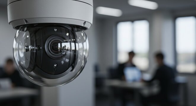 Security Watch: A state-of-the-art surveillance camera keeps watch in a modern office environment, hinting at a commitment to safety, protection, and vigilance. 