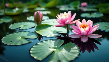 Water lilies form a natural floral pattern on a still lake, pond, asset