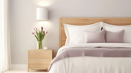 Serene Bedroom: An inviting bedroom bathed in soft light, showcasing a minimalist design with a wooden headboard, crisp linens, and a touch of nature with a vase of flowers.
