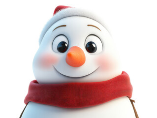 A close up of a cartoon snowman with a red scarf and hat against a Isolated on white transparent background