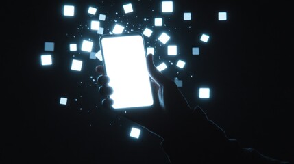 Hand holding phone with glowing squares