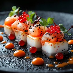 Obraz premium A plate of food with a black background and a garnish of red berries