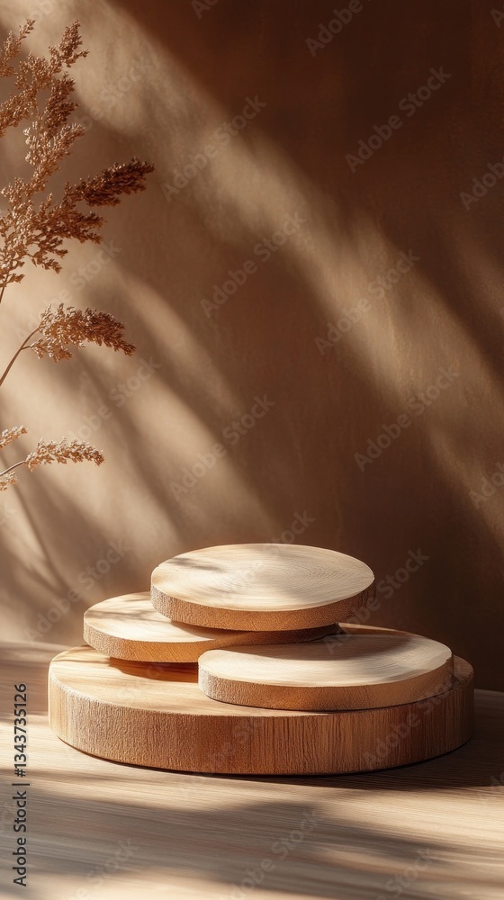 Poster wooden discs are stacked elegantly on a soft surface, illuminated by warm sunlight that casts gentle