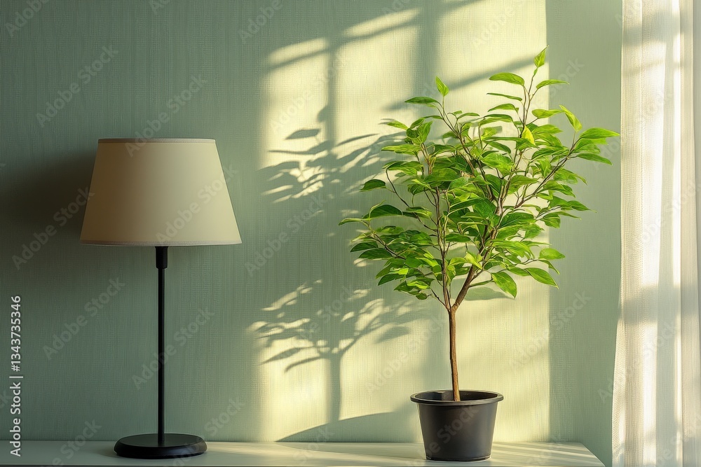 Aufkleber natural light filters through a window casting shadows of a lamp and potted plant on a soft, green w