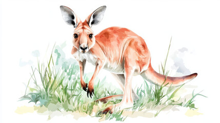 Watercolor illustration of a kangaroo hopping across the Australian landscape, capturing the essence of its natural habitat. Hand painted realistic wildlife animal art on a white isolated background