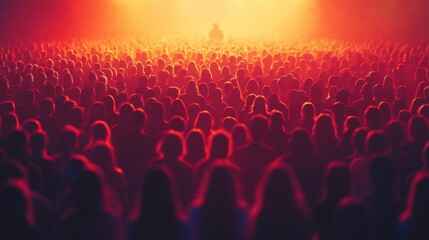 Silhouetted crowd at a concert, illuminated by a warm, intense stage light. Red and orange tones dominate the image, creating a dramatic atmosphere.