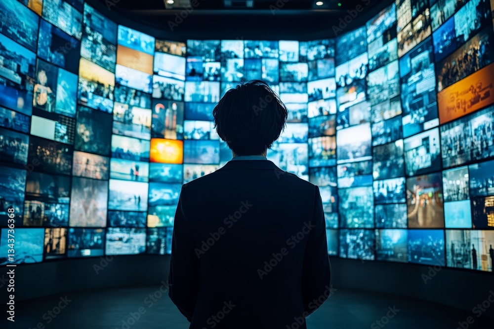Poster person observes numerous digital screens displaying various visuals in a modern technology exhibitio