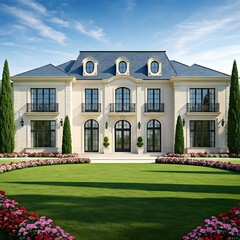 Fototapeta premium A luxurious mansion with a large front yard, perfectly manicured lawn, and vibrant flower beds surrounding the entrance, Ai Generated