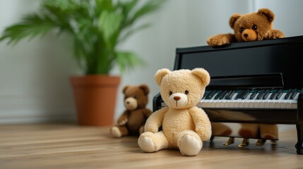 Obraz premium Three Teddy Bears at a Piano A Cozy Playroom Scene, Toy Piano, Teddy Bear, Plush Toy, Musical Instrument Teddy Bear, Piano
