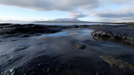 Dark volcanic rocks reflect a snowy mountain